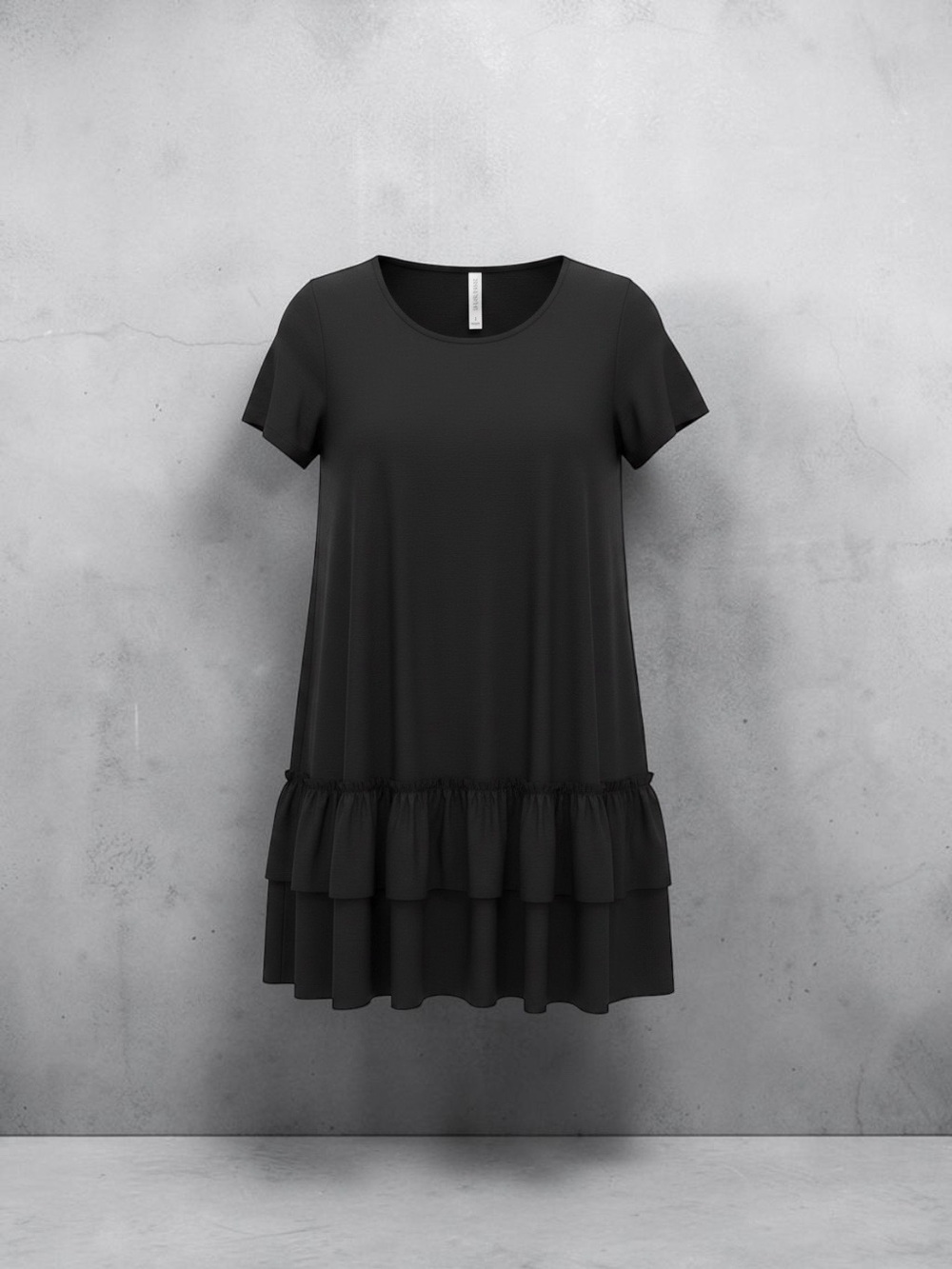Black Ruffle-Hem Short Sleeve Tunic Dress